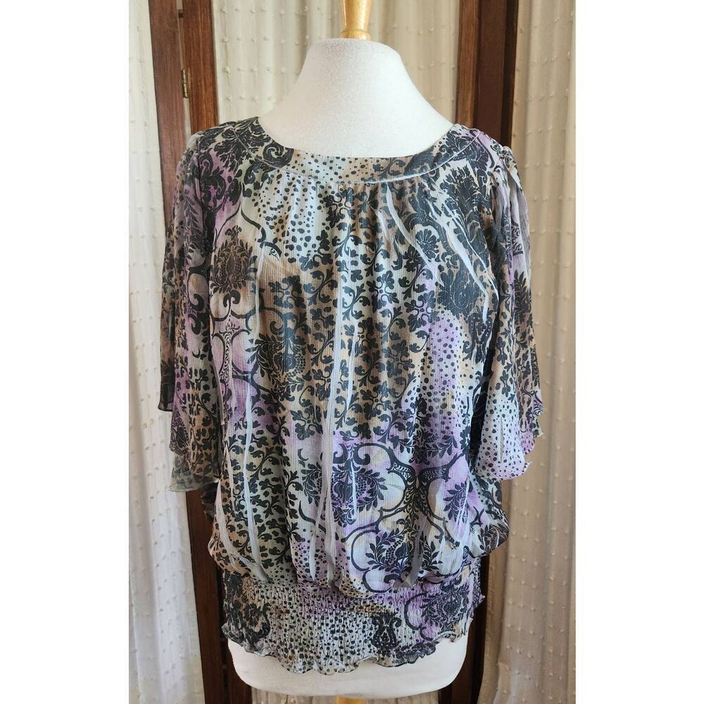 f2 Cato Woman's green & purple w/black pattern blouse 3/4 flutter sleeve 14/16 W